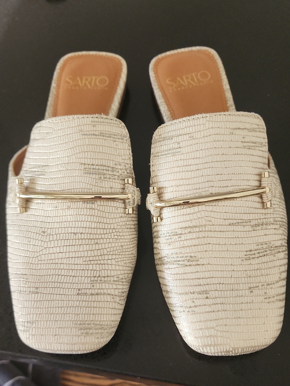 SARTO By Franco Sarto Cream Lizard-Texture Slip-On Mules with Gold Bar